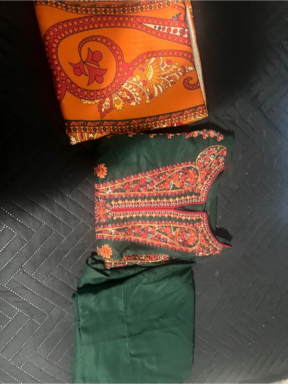 Elegant Green & Orange Embroidered Long Sleeve Dress - Picture 8 of 10